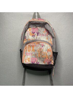 Roxy Multi-Color Logo Print Backpack With Mesh Side Pockets & Zipper Closure